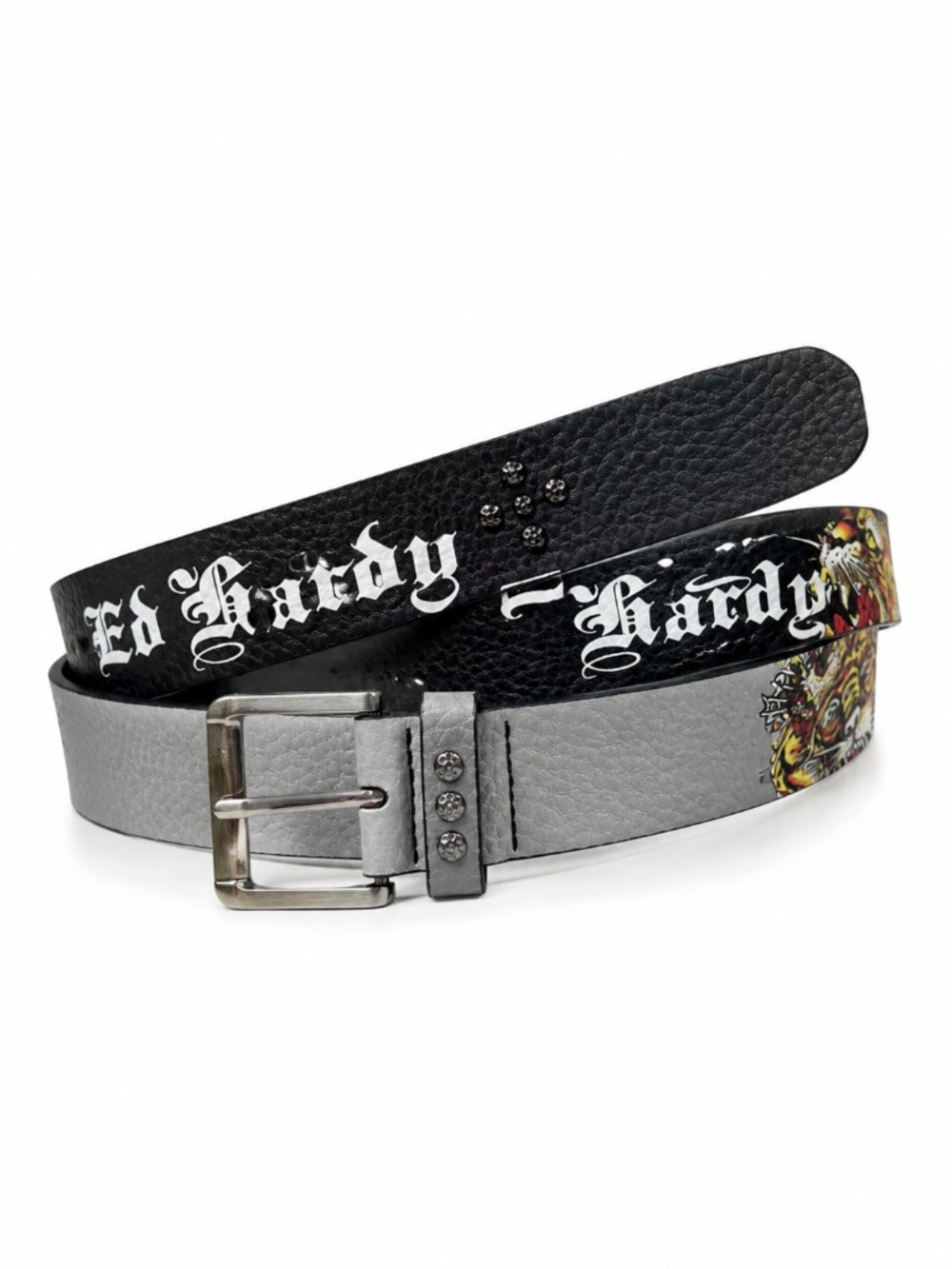 Ed Hardy Ombre Gray Black Tiger PU Leather Belt Size 42 Gothic Y2K 48" NWT